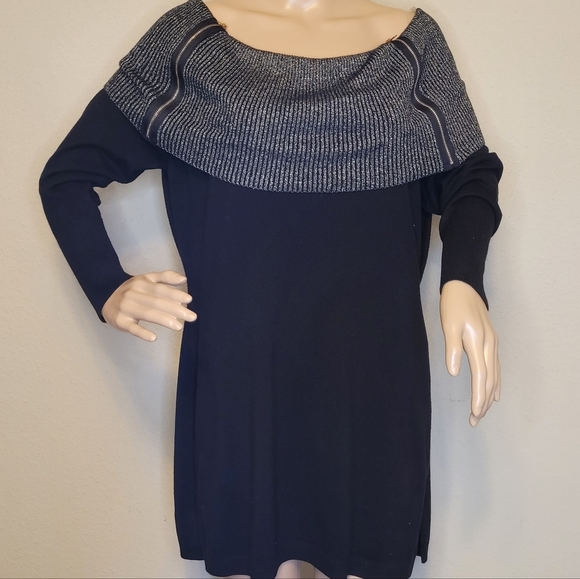 Woman's Sz 1X Black Off the Shoulder Metallic Cowl Neck Sweater by QUESTIONS - Picture 2 of 6